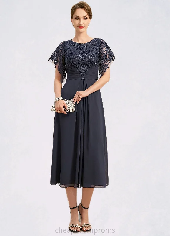 Valeria A-line Scoop Tea-Length Chiffon Lace Mother of the Bride Dress With Pleated STIP0021928