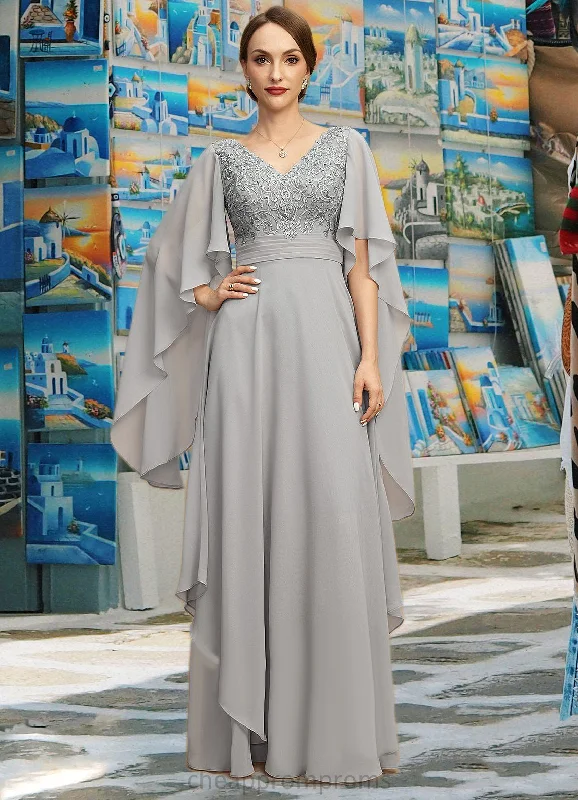 Novia A-line V-Neck Floor-Length Chiffon Lace Mother of the Bride Dress With Cascading Ruffles Sequins STIP0021883