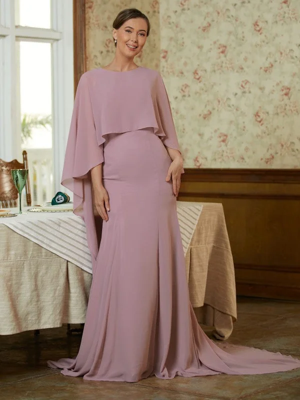 Kayden Sheath/Column Chiffon Ruffles Scoop Long Sleeves Sweep/Brush Train Mother of the Bride Dresses STIP0020360