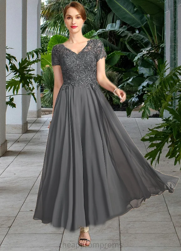 Ruby A-line V-Neck Illusion Ankle-Length Chiffon Lace Mother of the Bride Dress With Sequins STIP0021830