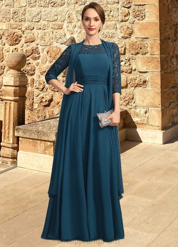 Imani A-line Scoop Illusion Floor-Length Chiffon Lace Mother of the Bride Dress With Pleated STIP0021866