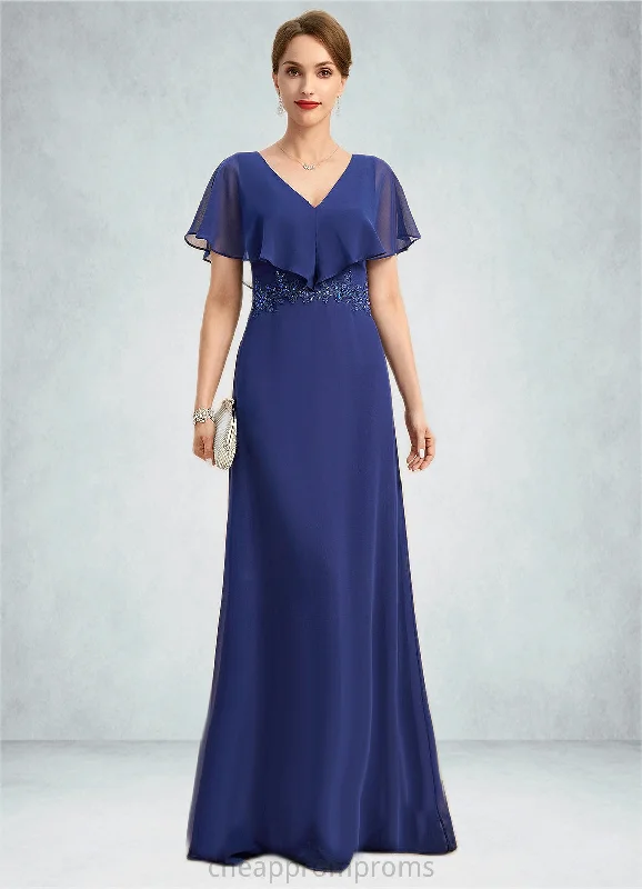 Evie A-line V-Neck Floor-Length Chiffon Mother of the Bride Dress With Beading Appliques Lace Sequins STIP0021829