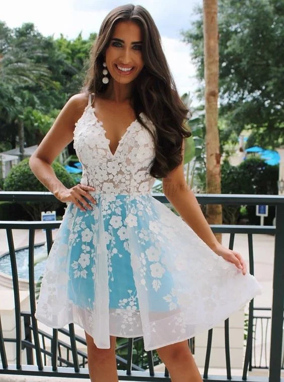A-Line Spaghetti Straps Above-Knee White Homecoming Dress with Appliques cg2266