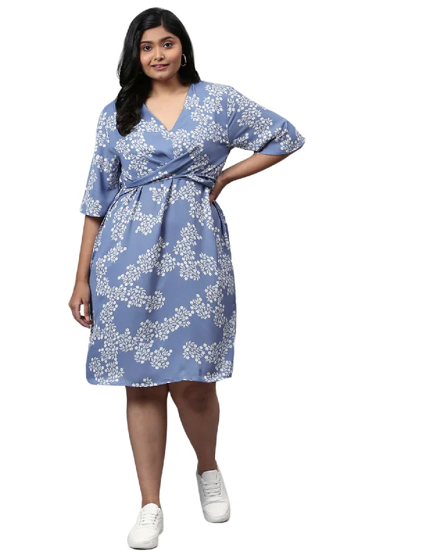 Floral Design Stylish Casual Dress- Dusty Blue | Dusty Blue