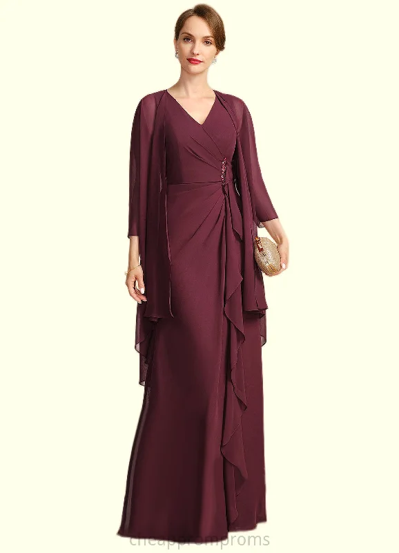 Irene Sheath/Column V-Neck Floor-Length Chiffon Mother of the Bride Dress With Beading Cascading Ruffles STIP0021835