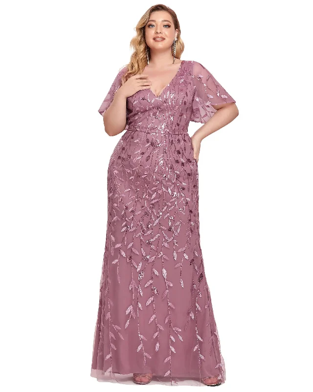 Shiny V Neck Leaf-Sequined Bodycon Formal Evening Dresses | Purple Orchid