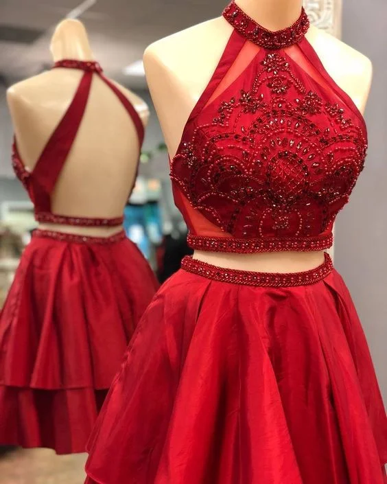 Two Piece Short Red Homecoming Dress with Backless cg2058