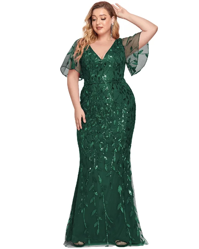 Shiny V Neck Leaf-Sequined Bodycon Formal Evening Dresses | Dark Green