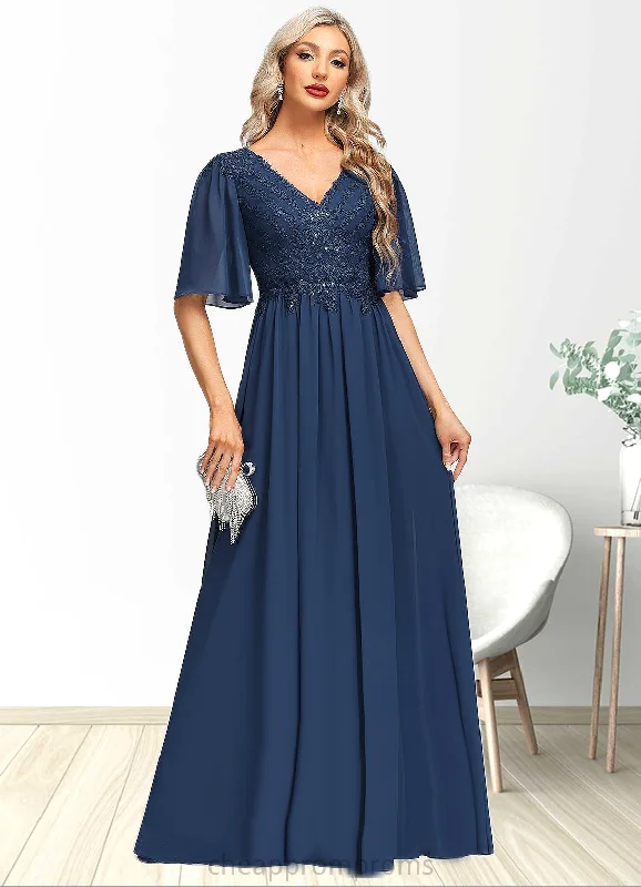 Madge A-line V-Neck Floor-Length Chiffon Lace Mother of the Bride Dress With Sequins STIP0021888