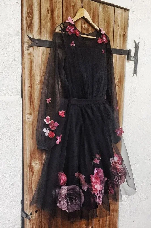 Cute Black Tulle Round Neck Short homecoming Dress, Homecoming Dress With Flower  cg1984