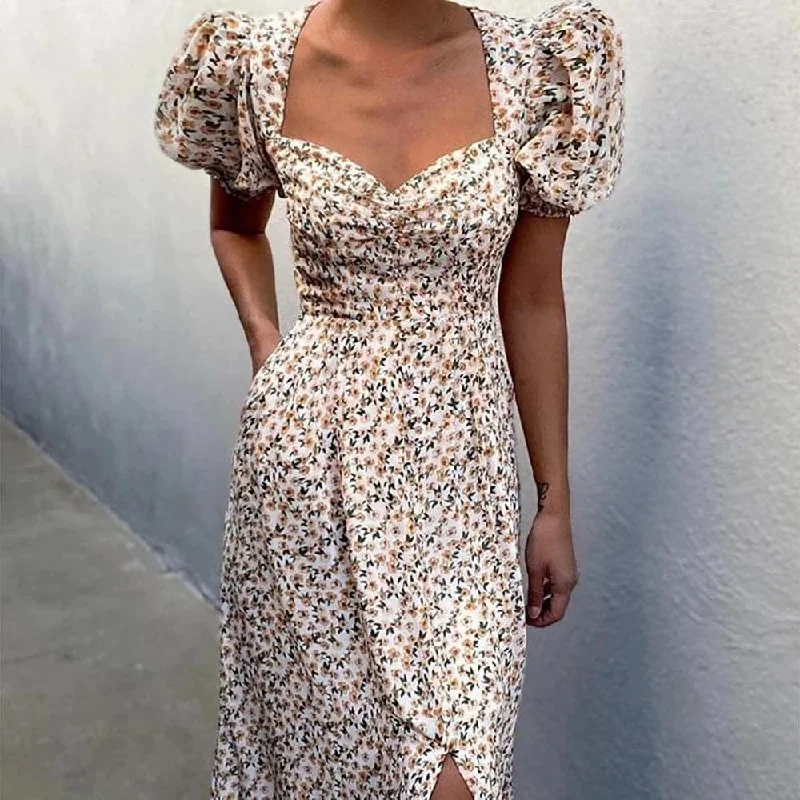 DressBetty - Women Elegant Floral Print Summer Dress V-neck Puff Sleeve Split Midi Dress Elegant Satin Button Midi Dress