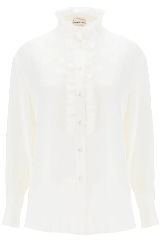 Alexander mcqueen silk satin shirt with ruffles 755884 QBAAE IVORY Comfortable Graphic Short Sleeve