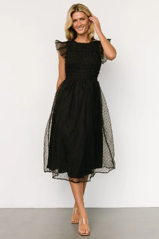 Alice Dot Midi Dress | Black Trendy Off-Shoulder Button Midi Dress