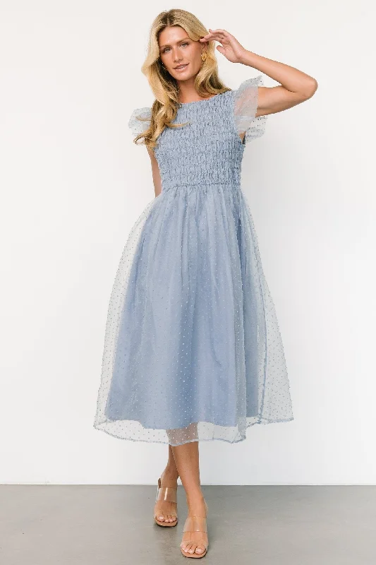 Alice Dot Midi Dress | Dusty Blue Fashionable Polka Dot Midi Dress