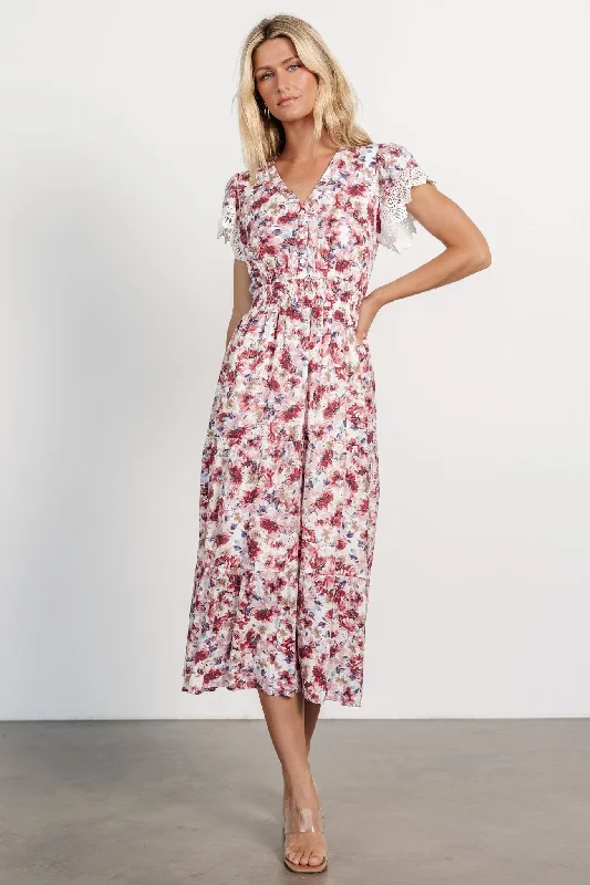 Aliyah Midi Dress | Berry Floral Elegant Satin Midi Dress