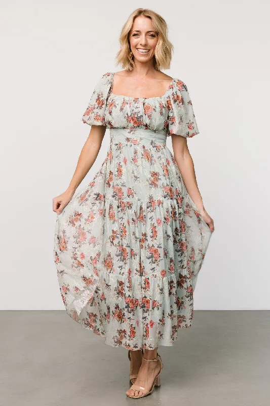 Annabeth Midi Dress | Eucalyptus Floral Trendy Mock Neck Midi Dress