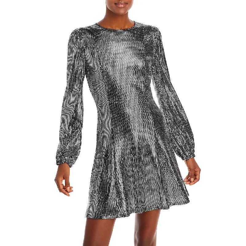 Aqua Womens Metallic Crew Neck Mini Dress Trendy Lace Mini Dress