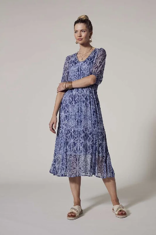 Pre Order Arezzo Midi Dress in Indigo Multi LS2758 by Loobie's Story Trendy Shift Midi Dress