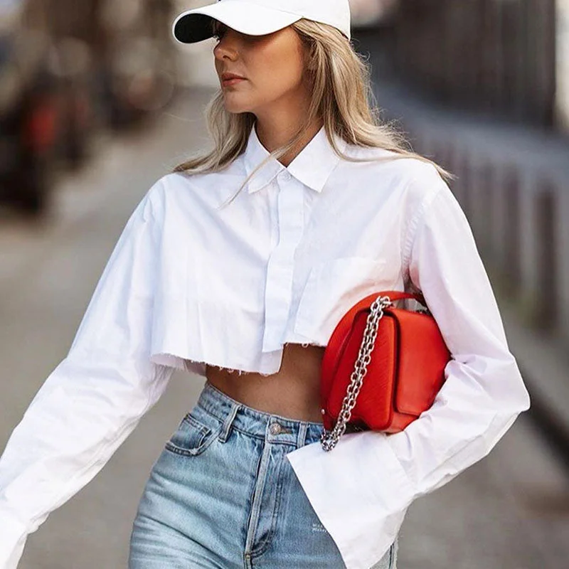 Asymmetrical Raw Hem Pocket Detail Long Sleeve Collared Button Up Crop Shirt Classic Cropped Short Sleeve