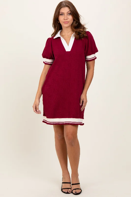 Burgundy Knit Contrast Trim Collared Mini Dress Cozy A-Line Mini Dress
