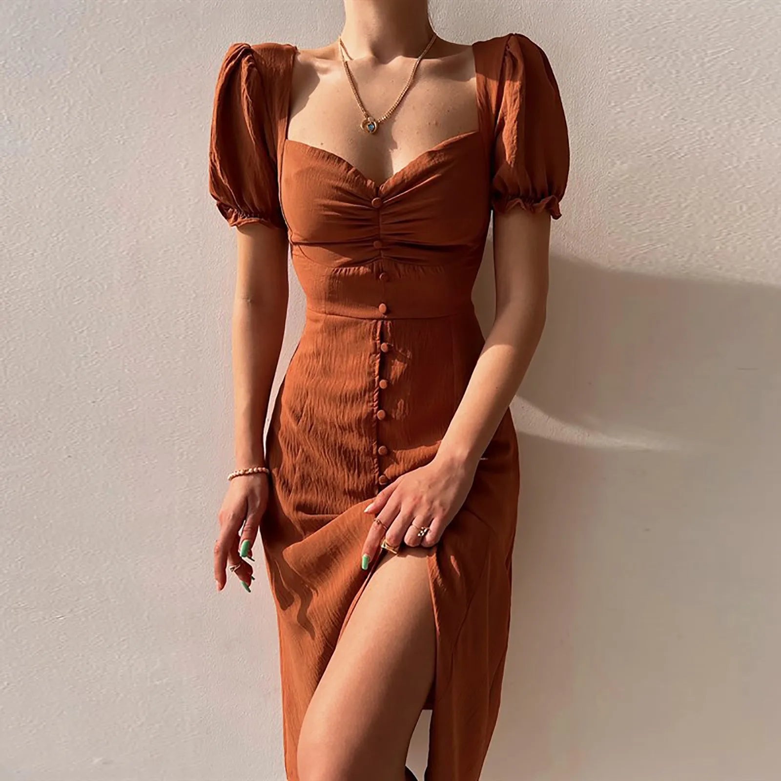DressBetty - 2024 Casual Solid Square Neck A-line Pleated Midi Dress Comfortable Casual Midi Dress