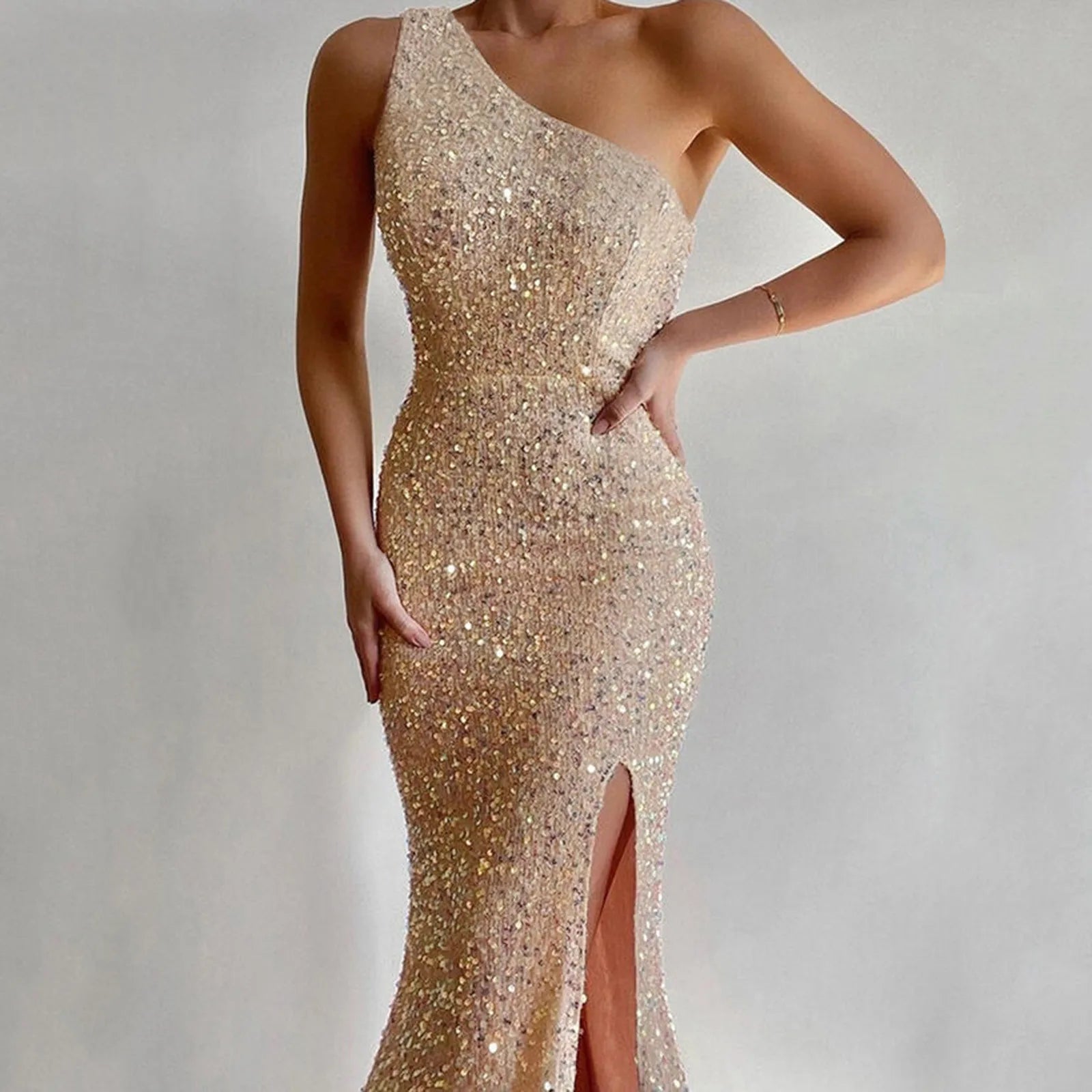 DressBetty - 2024 Classy One Shoulder Glitter Side Slit Sleeveless Midi Dress Fashionable Pleated Midi Dress