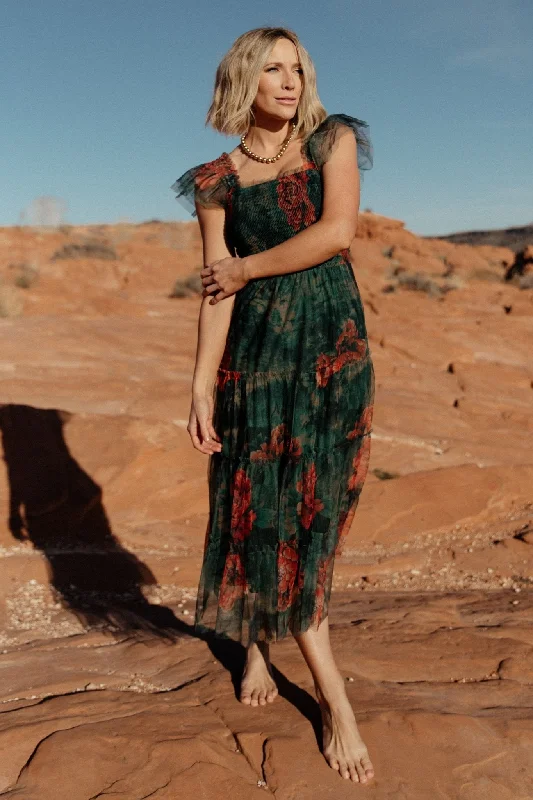 Clementine Tulle Midi Dress | Dark Green Floral Fashionable Pencil Midi Dress