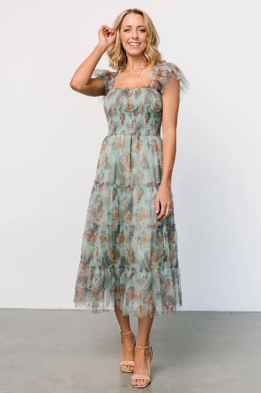 Clementine Tulle Midi Dress | Sage Multi Floral Stylish Wraparound Midi Dress