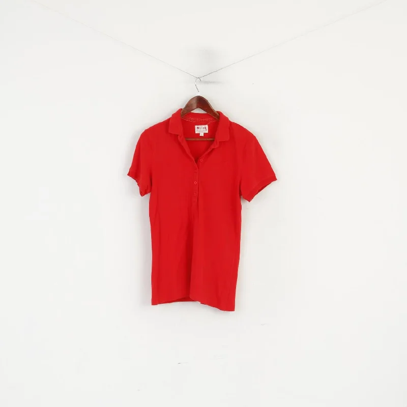 Mustang Women L Polo Shirt Red Cotton Stretch Short Sleeve Vintage Classic Top Fashionable Pleated Short Shirt