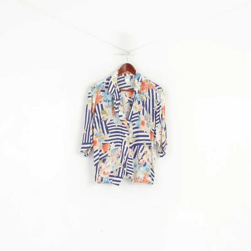 Flaser Women 42 XL Casual Shirt Blue Striped Floral Print Viscose Blouse Trendy Short Sleeve Blouse