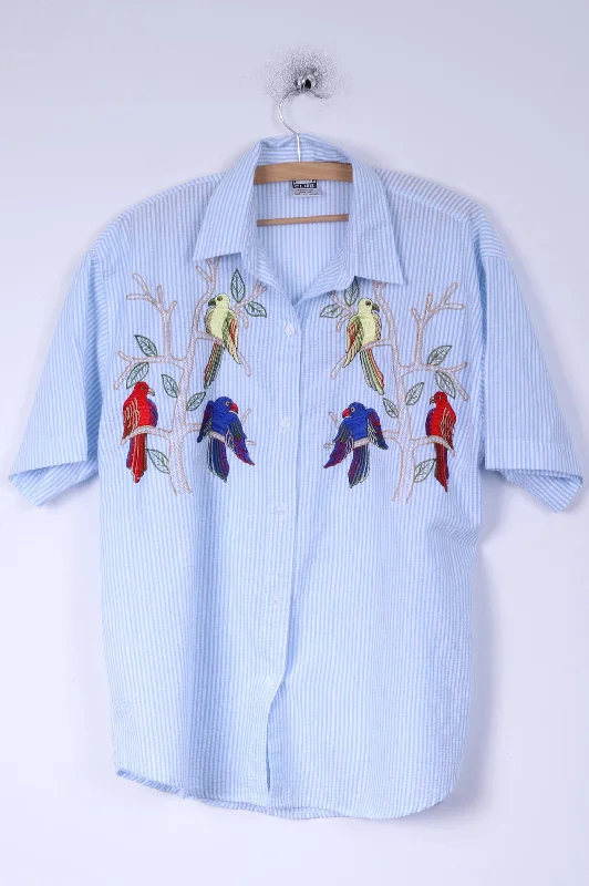 O//So Club Womens L Casual Shirt Cotton Blue Striped Embroidered Birds Relaxed Cotton Short Shirt