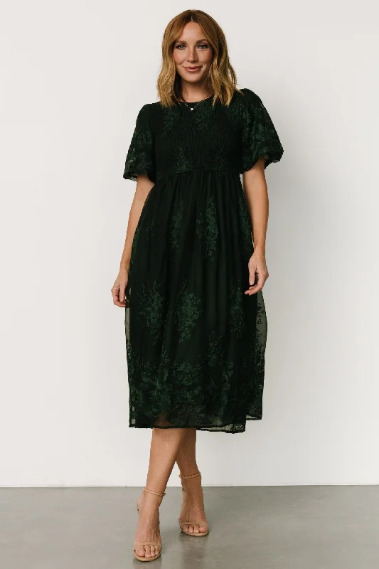 Corrine Embroidered Midi Dress | Emerald Elegant Pleated Sleeve Midi Dress