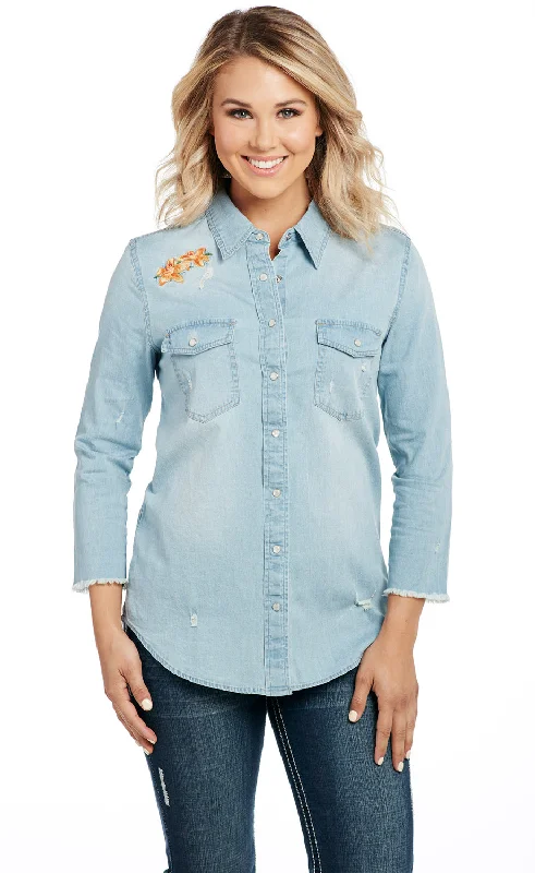 Cowgirl Up Womens Blue Cotton Blend Stonewash Raw Western Shirt S/S Classic Cropped Short Sleeve