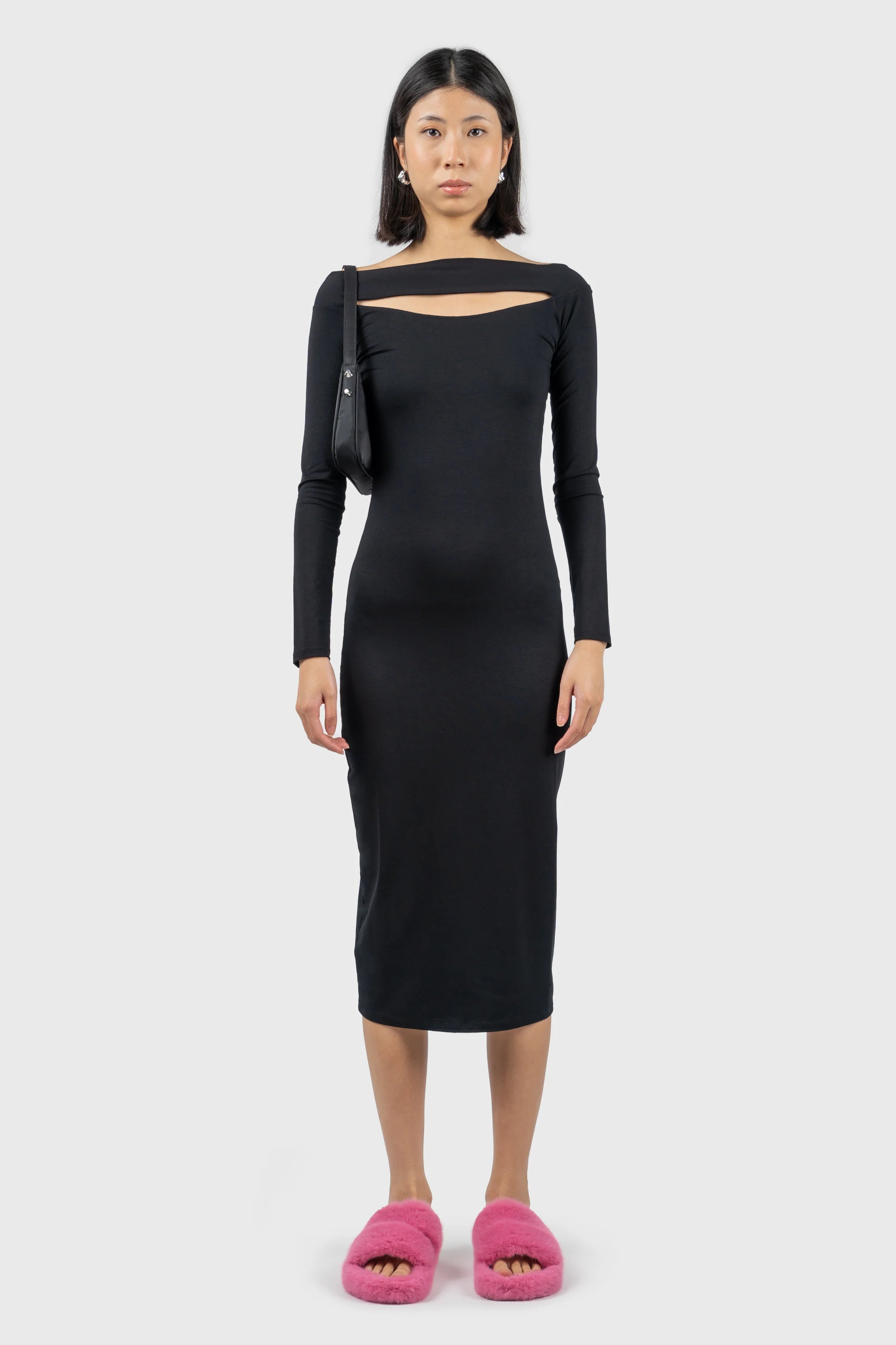 Cut Out Detail Long Sleeve Midi Dress Elegant Maxi-Midi Hybrid Dress