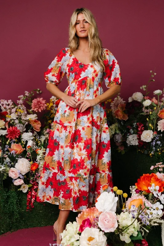 Denton Midi Dress | Red Multi Trendy Ruched Side Midi Dress