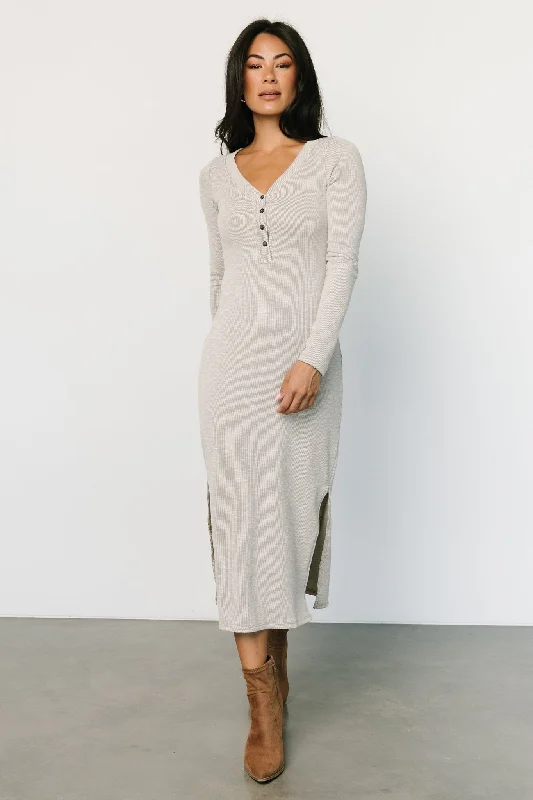 Denver Ribbed Midi Dress | Light Gray Fashionable Off-Shoulder Dress Midi