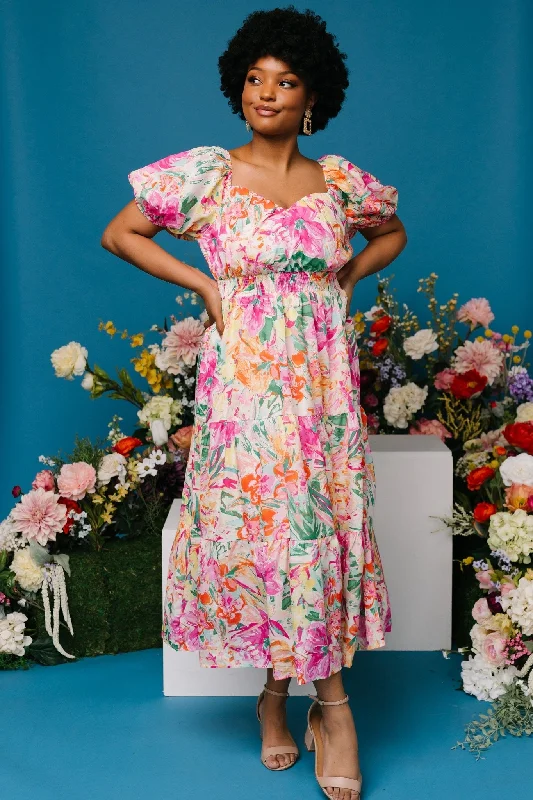 Denzel Puff Sleeve Midi Dress | Multi Floral Stylish Striped Midi Dress