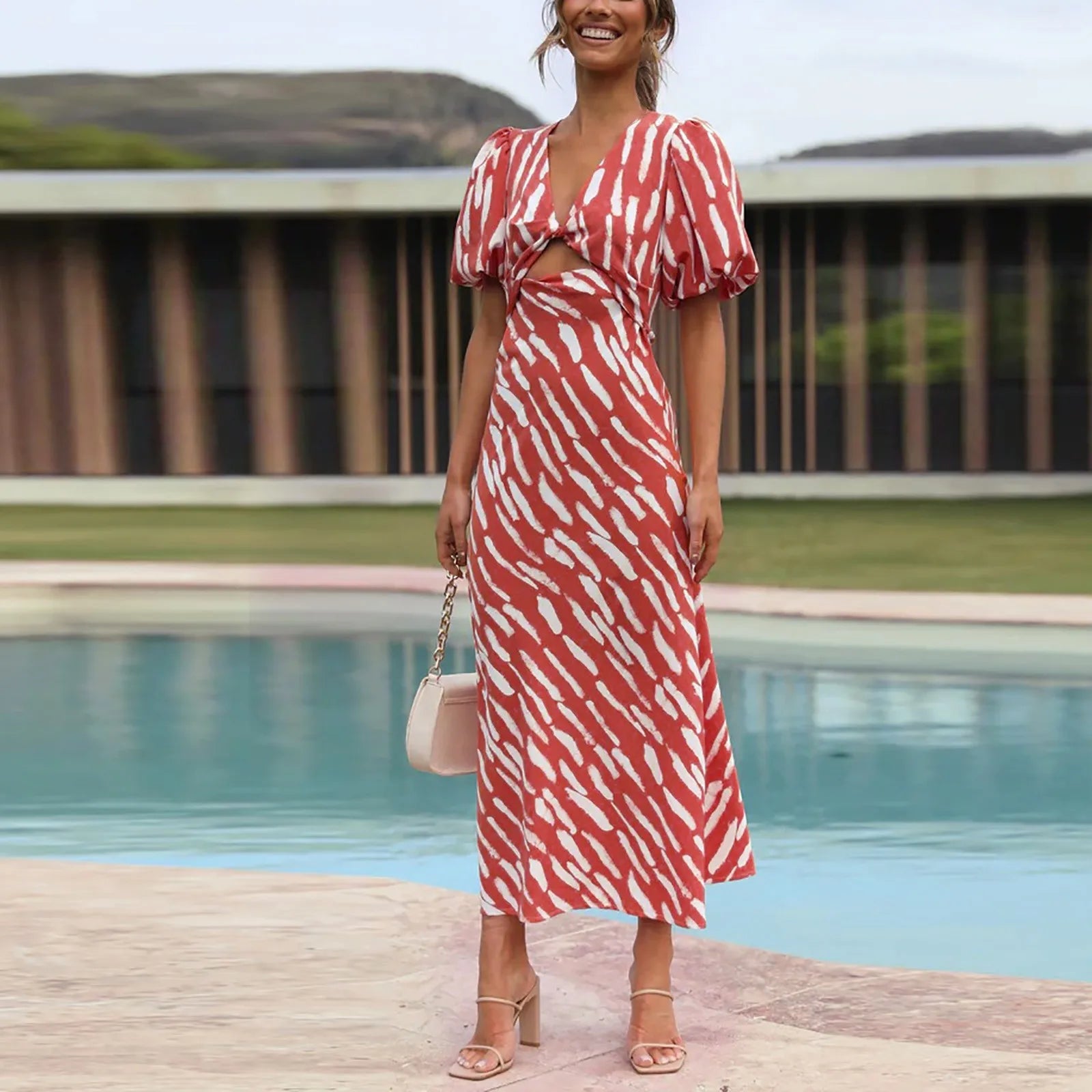 DressBetty - 2024 Elegant Boho Stripe Print V-Neck Puff Sleeve Midi Dress Comfortable Ribbed Midi Dress