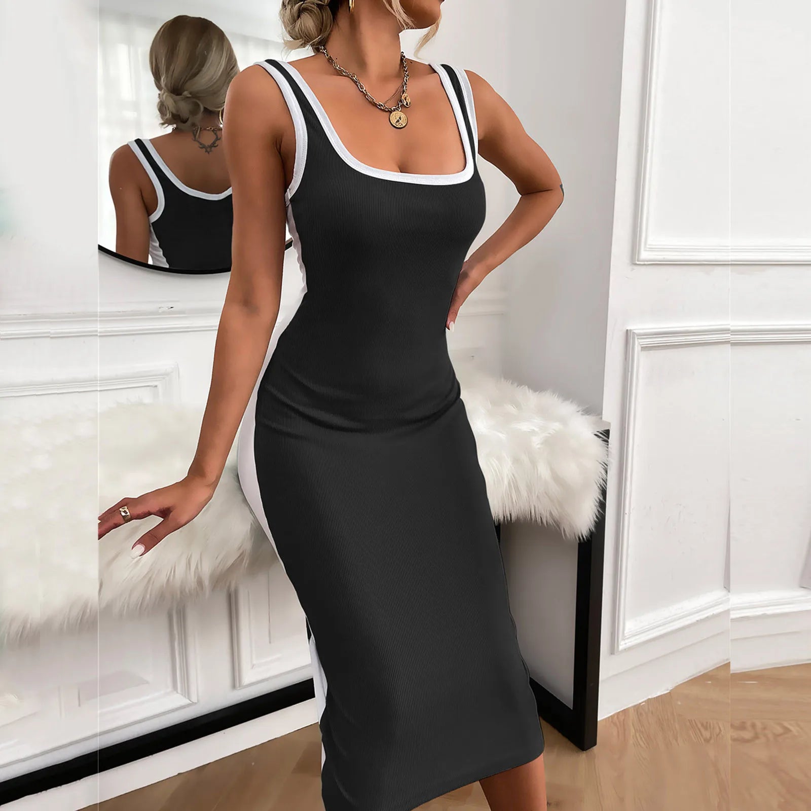 DressBetty - 2024 Elegant Vintage Sleeveless Bodycon Black Midi Dress Trendy Smocked Waist Midi Dress