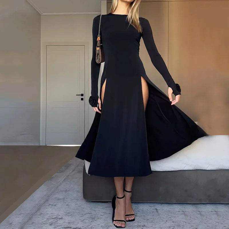 DressBetty - 2024 Ellafads Rose Split A-Line Full Sleeve Midi Dress Stylish Silk Midi Dress