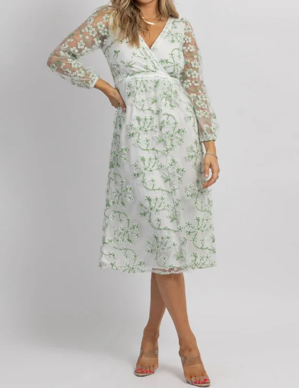 Embroidered Longsleeve Midi Dress In White Mesh Stylish Silk Midi Dress