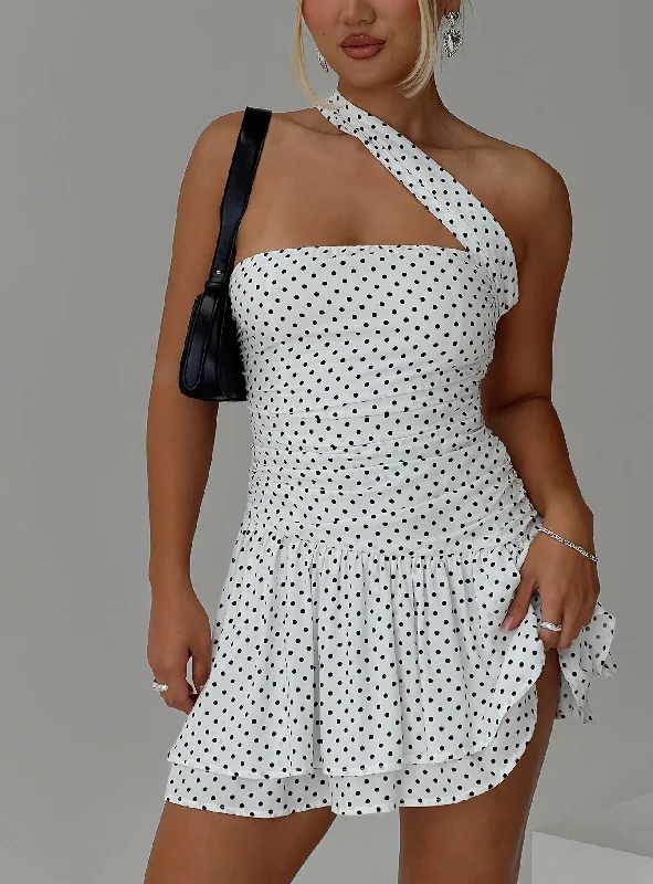 Escapades One Shoulder Mini Dress White / Black Polka Comfortable Polka Dot Mini Dress