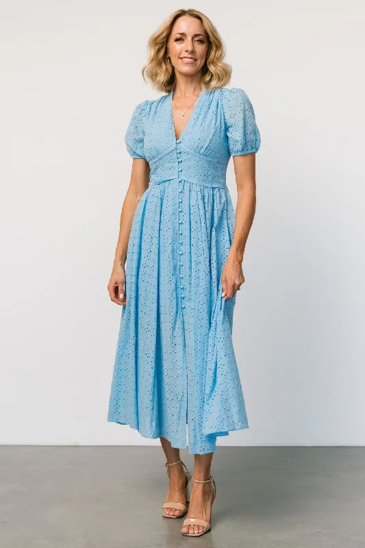 Esther Eyelet Midi Dress | Blue Comfortable Casual Midi Dress