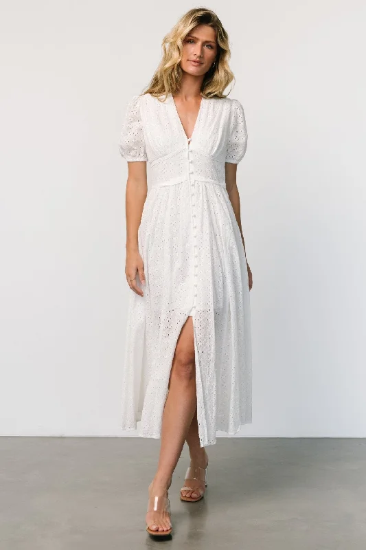 Esther Eyelet Midi Dress | Off White Trendy Midi Dress with Belt