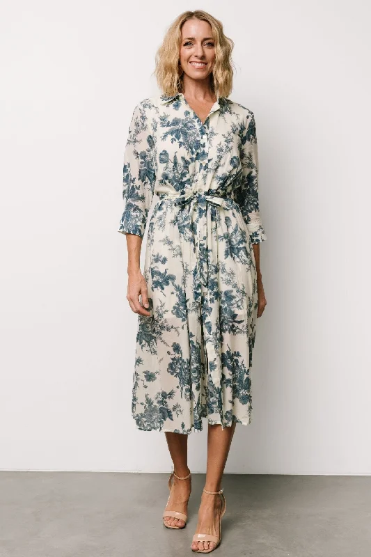 Eunice Button Midi Dress | Ivory + Blue Floral Trendy Mock Neck Midi Dress