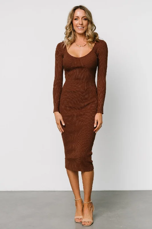 Eve Ribbed Midi Dress | Brown Elegant Faux Wrap Midi Dress