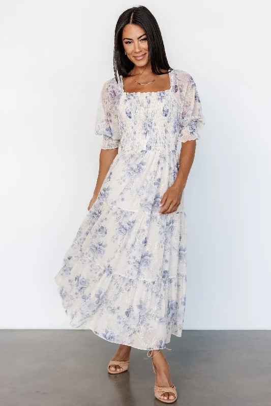 Fabian Jacquard Midi Dress | Cream + Blue Floral Comfortable Short Sleeve Midi Dress