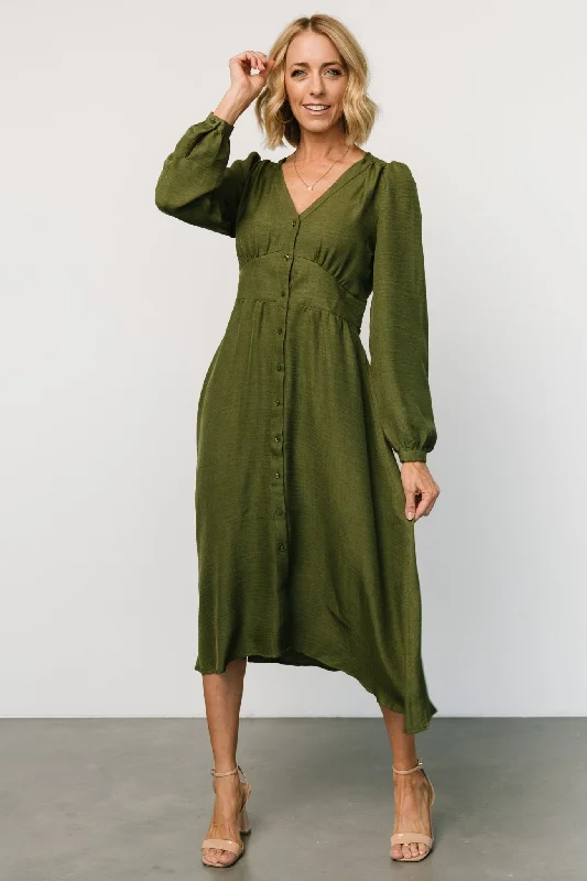 Faith Button Midi Dress | Olive Stylish Tiered Midi Dress