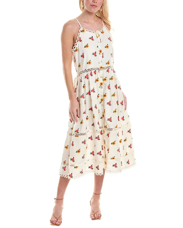 FARM Rio Embroidered Linen-Blend Midi Dress Elegant Puff Sleeve Midi Dress