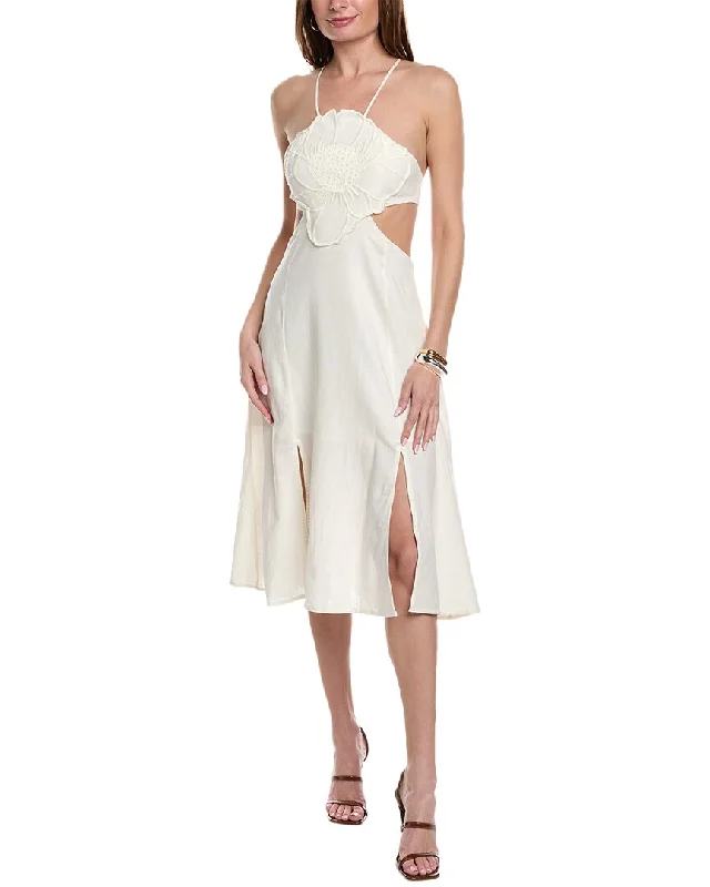 FARM Rio Flower Top Linen-Blend Midi Dress Trendy Tiered Hem Midi Dress